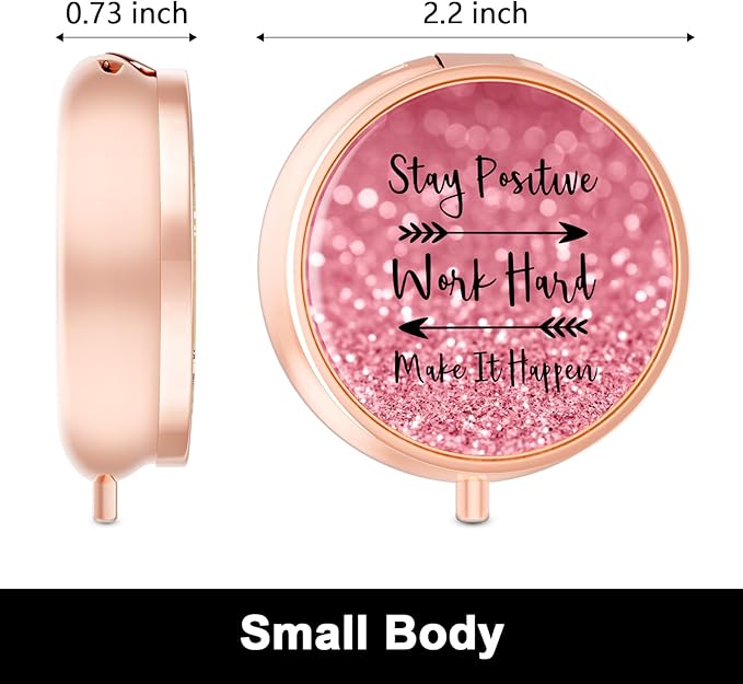 Rouidr Pill Box, 3 Compartment Medicine Pill Case, Small Metal Travel Medicine Box for Purse & Pocket, Rose Gold, Work Hard