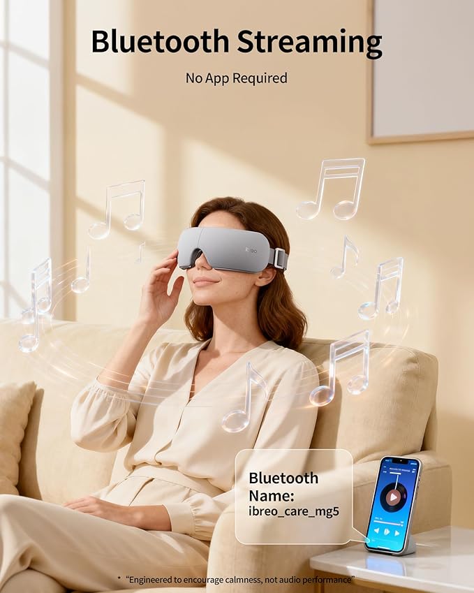 Ultra Quiet Eye Massager for Migraines with Temple Massage, Heat, Air Compression, Bluetooth Music Streaming, 10/15/20 Min Timer, Foldable Electric Eye Mask for Migraine Relief, Eye Strain, Eye Care
