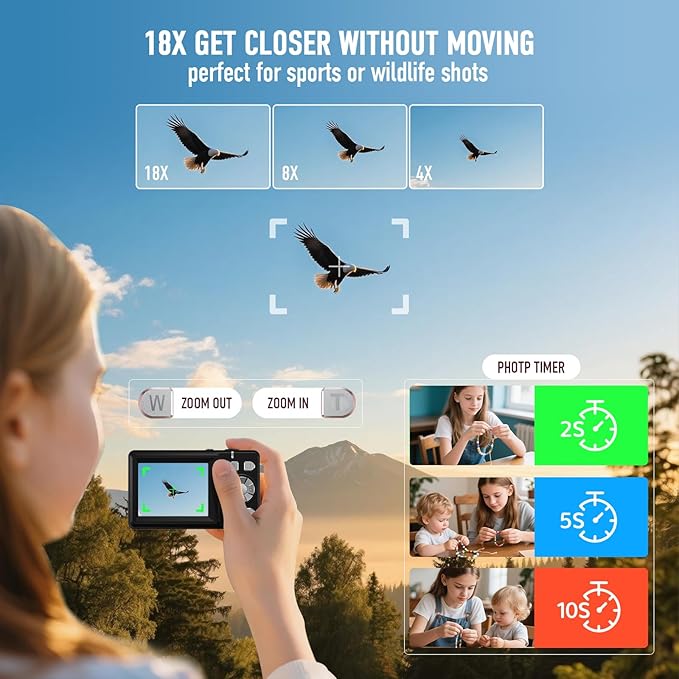 Digital Camera, 4K 48MP Autofocus Dual Screen for Selfies, 18X Zoom Fill Light, Portable Point and Shoot Camera with 32GB SD Card for Kids, Teens, Girls, Boys- Black
