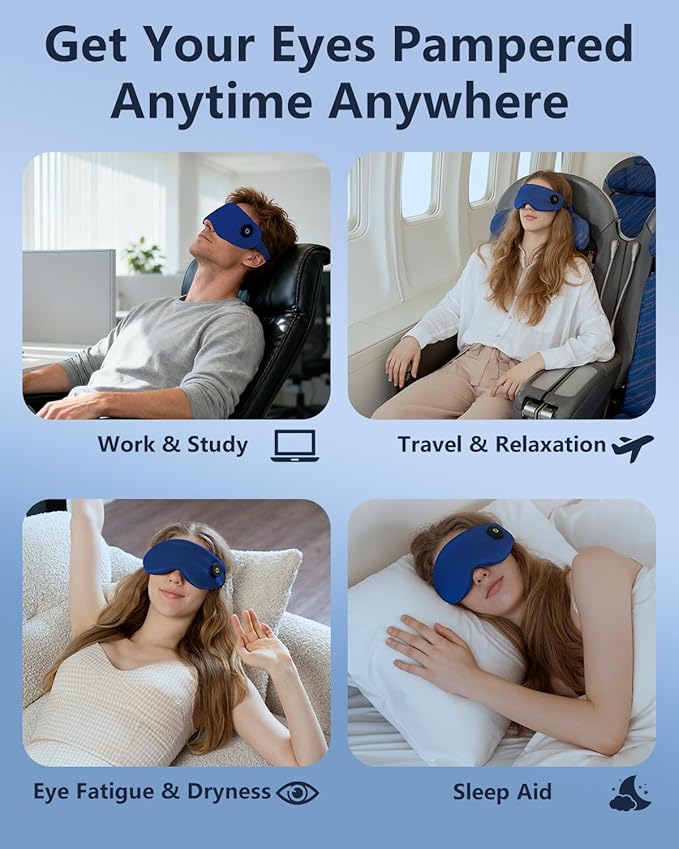 Heated Eye Mask for Dry Eyes, Rechargeable Warm Eye Compress with Adjustable Heat, Auto Shut-Off, Washable Cover Blue