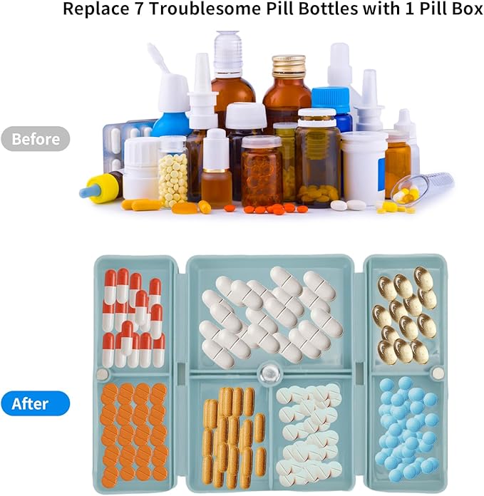 JEPELUS 2 Pack Travel Pill Organizer with Labels, 7 Compartments Moisture Proof Medicine Organizer Pill Box for Purse, Portable Medication Travel Case for Daily Vitamin Supplements(Pink/Blue)