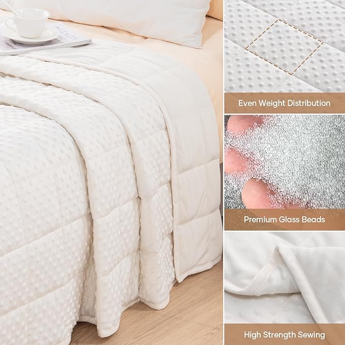 Wemore Minky Dot Weighted Blanket for Adults Twin Size 15 lbs, Soft Heavy Blanket for Stress Relief and Sleep Promotion, Breathable Blanket for All-Season with Glass Beads, White 48 x 72 inches