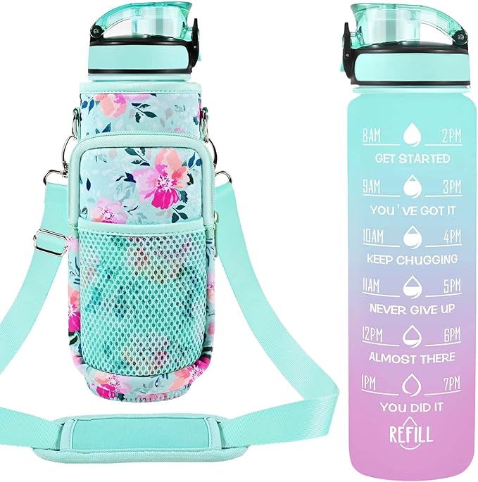 32 oz Water Bottles with Straw & Strap, Motivational Water Bottles with Times to Drink, BPA Free Reusable Sports Water Bottle with Sleeve Carrier for Hiking, Travel, Running or Fitness