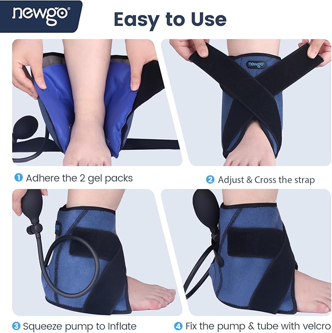 NEWGO Ankle Ice Pack Wrap with Air Pump, Compression Ankle Brace for cold compress, Reusable Hot & Cold Therapy Gel Wrap for Sprains, Heel Pain, Adjustable for Swelling Relief