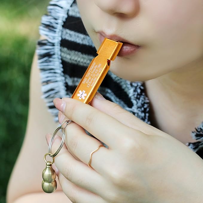 Brass Gourd Medical Alert Keychain with Orange Emergency Whistle – Waterproof Pill Storage Case Engraved with Heart Condition Info – for Running and Daily Use