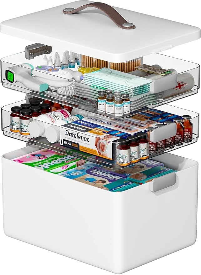 Spreezy 3-Tier Portable Medicine Organizer Box with Transparent Compartments, Home & Travel First Aid Kit, Easy-View Stackable Storage Case for Pills, Bandages & Medical Supplies