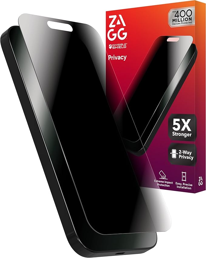 ZAGG Glass Elite Privacy iPhone 15 Pro Screen Protector - 5X Stronger with Reinforced Edges, 2-Way Privacy Filter, Scratch & Smudge-Resistant Surface, InvisibleShield, Easy to Install