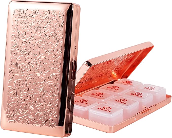 Portable 7-Day Metal Pill Case, Featuring 8 Compartments—Perfect for Travel. BPA-Free. (L-Pink, Large)