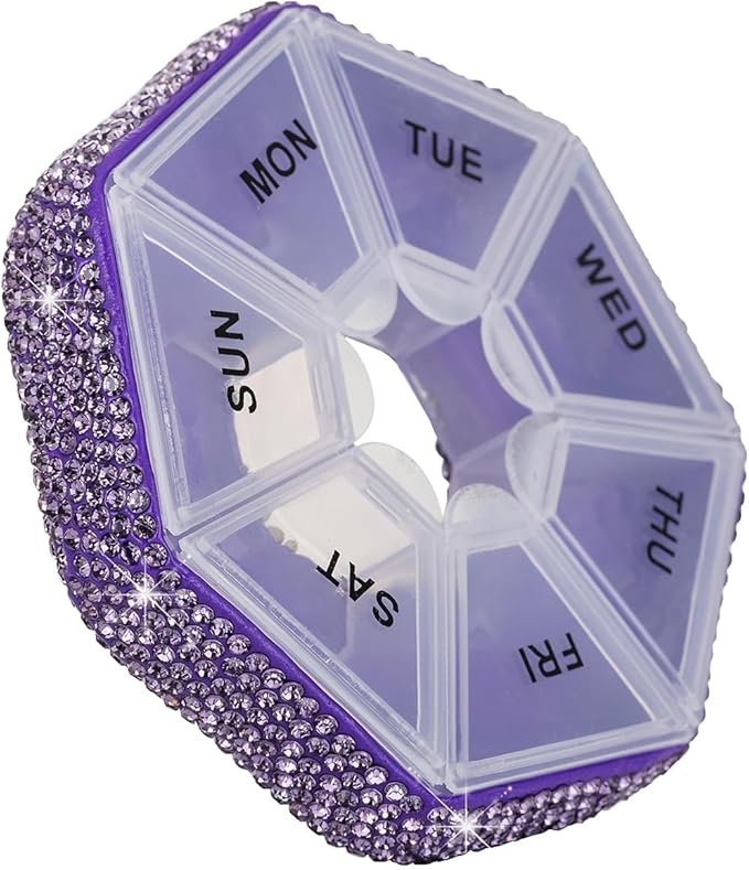 Round Pill Organizer Small Weekly Pill Case for Purse Bling Cute Medicine Pill Box Compact Vitamin Container 7 Day Daily Pill Holder Planner(Purple)