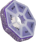 Round Pill Organizer Small Weekly Pill Case for Purse Bling Cute Medicine Pill Box Compact Vitamin Container 7 Day Daily Pill Holder Planner(Purple)