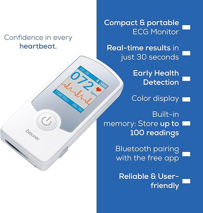 Beurer Cardio Companion EKG Monitor - 3-Lead Portable ECG Machine, Detects Irregular Heart Rhythms, Fast Results in 30 Seconds, Bluetooth with App, Rechargeable Battery, FSA/HSA Eligible, ME75
