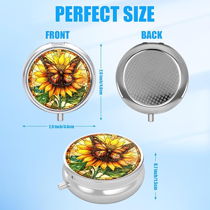 Sunflower Butterfly Pill Case, Pill Box 3 Compartments Metal Small Pill Holder with Mirror Mini Travel Pill Container for Purse Pocket Women Men