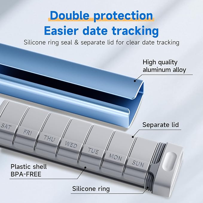Travel Pill Organizer Weekly, 1 Time a Day ，Upgrade Premium Aluminum Alloy Daily Pill Box 7 Day, Portable Metal Pill Case, Cute Pill Holder to Hold Vitamins, Medicines, Pills, Supplements (Blue)