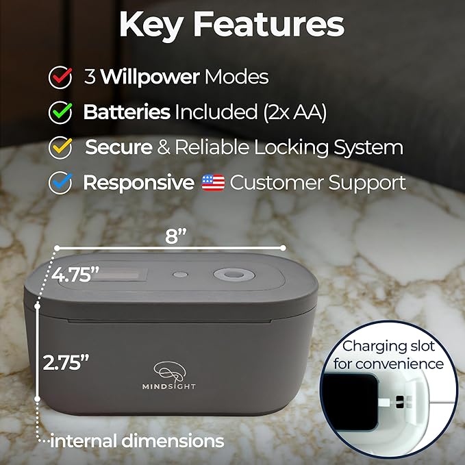 Mindsight Timed Lock Box | Unplug from Phones, Video Games, Social Media, Snacks & Cravings | 3 Modes based on Willpower | Easy to Use | Out of Sight ~ Out of Mind | Boost Your Mental Wellness