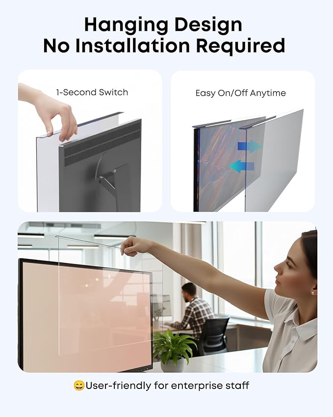 Hanging Anti Blue Light Monitor Screen Protector - Blocks 87% Blue Light & 97% UV, No Installation, 93% HD Clarity, Fits 20-22" Frameless/Bottom Bezel ≤3mm Monitors