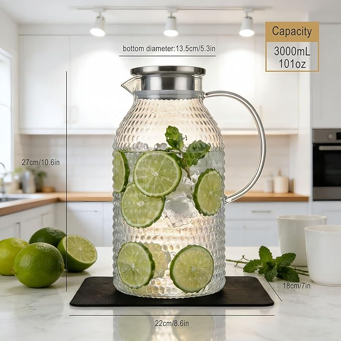 Glass Pitcher with Lid,3 Liter 101oz Glass Water Pitcher, Iced Tea Pitcher, Cold/Hot water jug,Large Jug for Coffee, Juice and Homemade Beverage（Free anti-scratch pad）