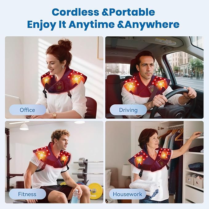 Cordless Red Light Therapy for Neck Shoulder Pain Reilef, 120 LEDs Wearable Infrared Heating Wrap with Massager and Timer, 660nm & 850nm Near-Infrared Red Light Therapy Pad, Blue