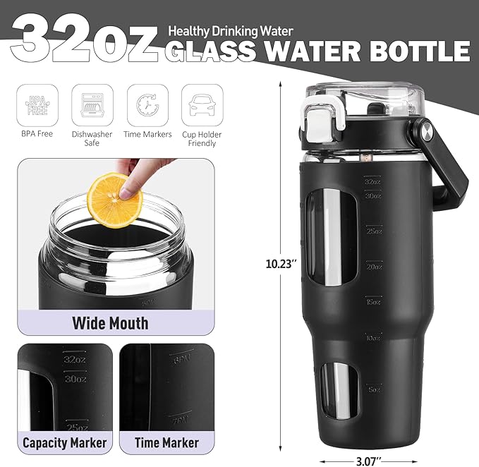 BLUEGO 32oz Glass Water Bottle with Handle and Straw|Leakproof Sports Glass Bottle with Time Marker and Silicone Sleeve|Glass Drinking Bottle for Travel, Gym, Workout, Black
