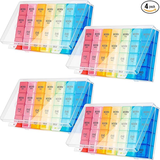 Hsei 4 Pack Pill Organizer Monthly XL Large Weekly Pill Organizer 4 Times a Day Box 7 Day Moisture Proof 4 Weeks Case Large(8.2 x 4.6 x 1.2 Inch)
