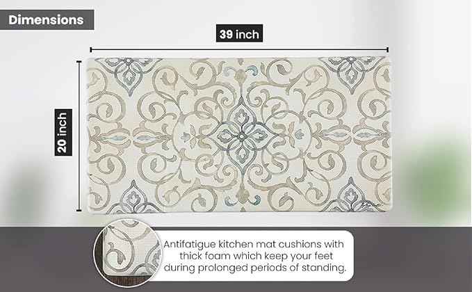 J&V TEXTILES Oversized 20"x39" Anti-Fatigue Embossed Floor Mat (Rustic Medallion Cream