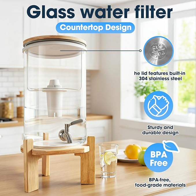 water filter dispenser Countertop water purifier System 2.1 Gallon Glass water filter with Wooden Stand and 1 Filters for Home and Office