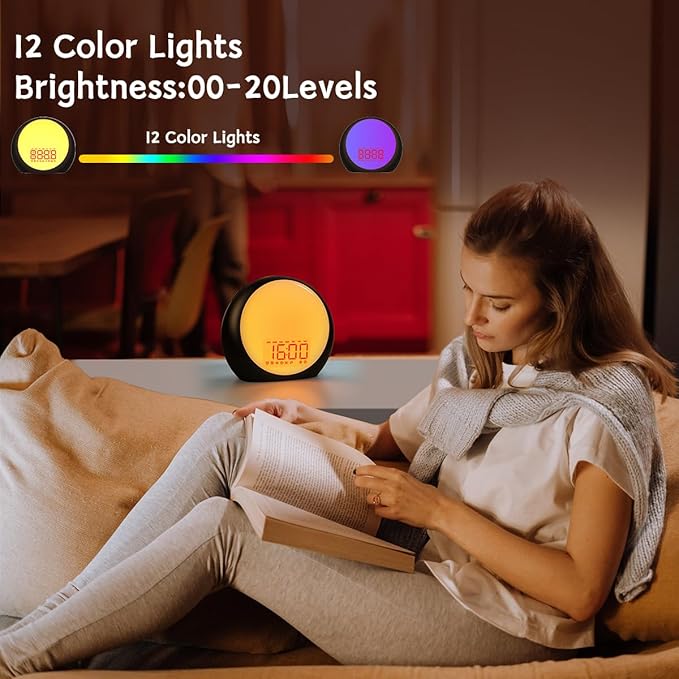 Sunrise Alarm Clock Wake Up Light for Kids Heavy Sleepers Bedroom with Sunrise Sunset Simulation Sleep Aid Dual Alarms Snooze Nightlight Brown Noise sound machine with 25 Nature sounds for Sleeping