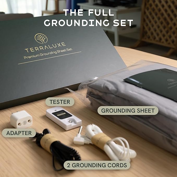 Grounding Sheets King, 12% Pure Silver, Organic Cotton, Cool, Soft, Fitted Earthing Sheets with Deep Pockets, Includes Continuity Tester, Adapter, 2 Cords, Connected Bedding