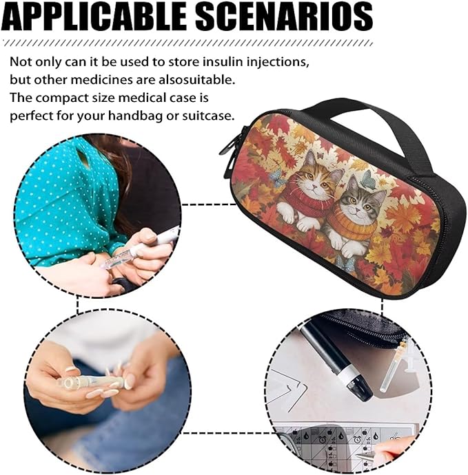 Cat Maple Leaves Insulin Pen Cooler Travel Case Thanksgiving Decor Glucose Meter & Diabetic Supplies Storage Carrying Bag for Needles,Infusion Sets, Insulin Cartridges, Tester Strips