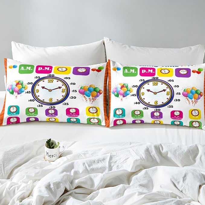 Educational Fitted Sheet Twin, Time Learning Bedding Set for Kids Boys Girls - Lightweight Bed Cover (No Flat Sheet)