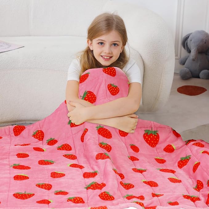 Aemicion Kids Weighted Blanket 7 pounds Twin Size 41"x 60",Soft Sherpa Fleece Heavy Blanket for Sleeping Perfect for 60-90lbs, Cute Strawberry Pink Weighted Throw Blanket as Gifts for Daughter Girls
