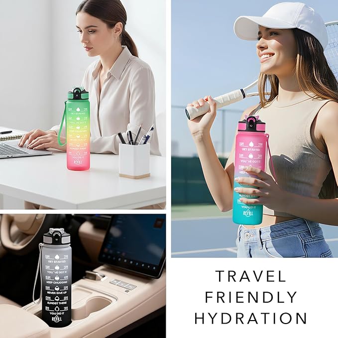 Hyeta 32 oz Water Bottles with Times to Drink and Straw, Motivational Water Bottle with Time Marker, Leakproof, Drinking Sports Water Bottle for Fitness, Gym and Outdoor