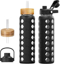 MUKOKO Glass Water Bottles, 32oz Glass Tumbler with Straw, Drinking Bottles with 2 Lids-Handle Spout Lid&Bamboo Straw Lid, Motivational Water Bottle with Time Marker and Silicone Sleeve, 1 Pack-Black