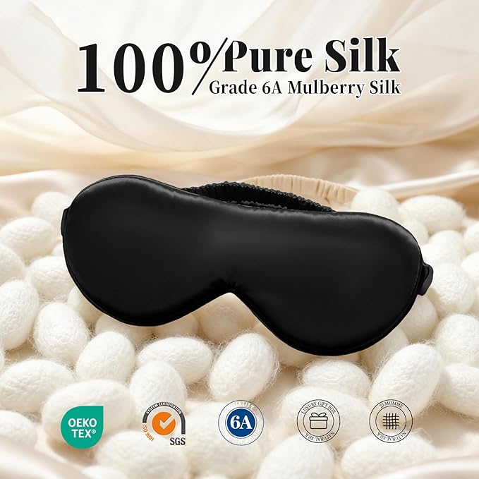 THXSILK 6A+ Grade 25 Momme Silk Sleep Mask, 100% Mulberry Blackout Eye Mask for Sleeping, Soft Lightweight Silk Eye Cover for Women, Men, Travel, Nap, Airplane(4.3×9.7inches,Black)