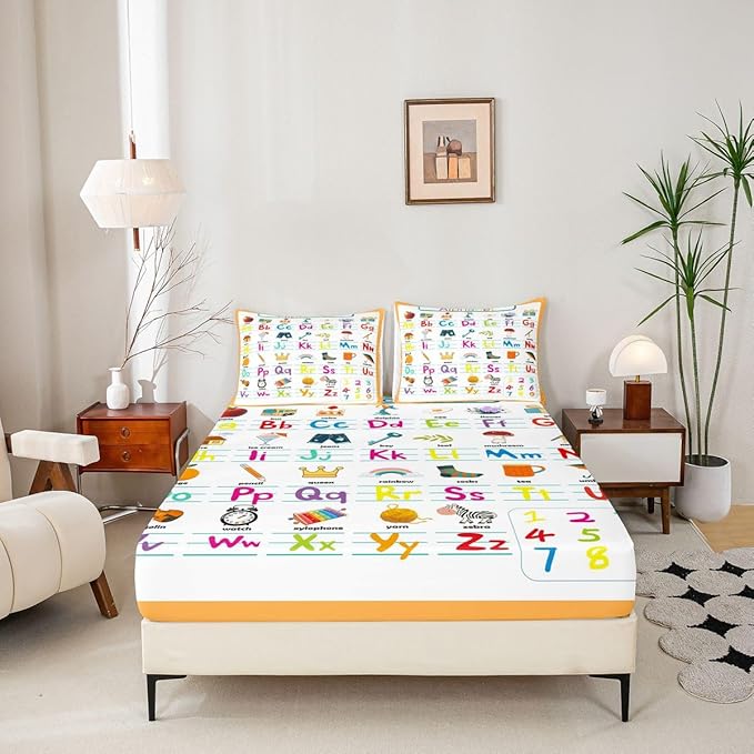 ABC Alphabet Bed Sheet Set Twin Size, Cute Educational Learning Tool Fitted Sheet for Kids Toddler Cartoon Animal Bedding Set Learning Educational Bed Cover Lightweight Bed Set (No Flat Sheet)
