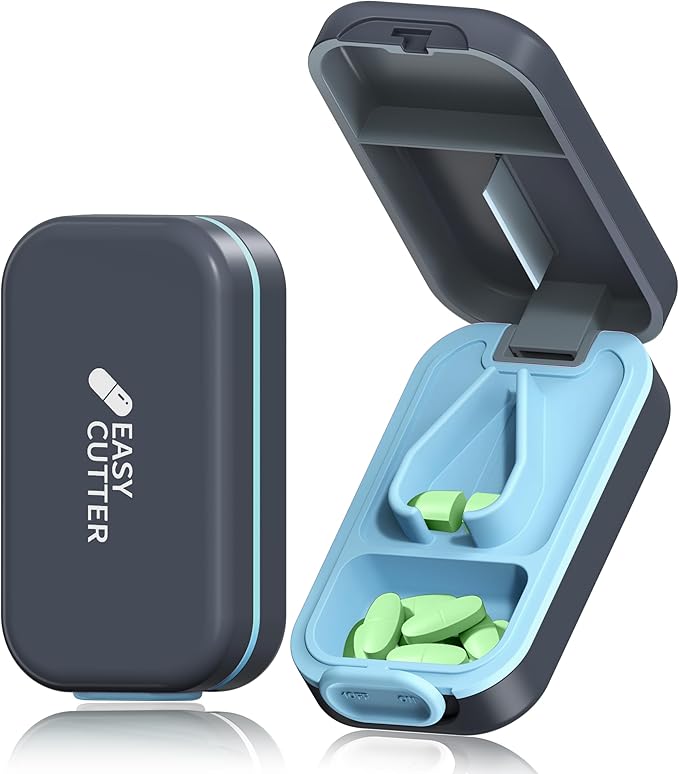 Pill Cutter & Organizer - 3-25mm Adjustable Blades | Splinter-Free Cutting | Detachable Washable Compartment Pill Splitter for Small or Large Pills Gray