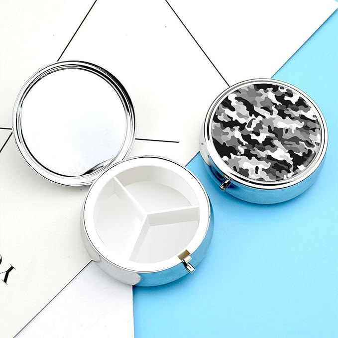 Black Grey White Camo Pill Case Metal Round Portable Pill Box,Waterproof Travel Pills Organizer Vitamins Medicine Storage Box for Travel Or Daily