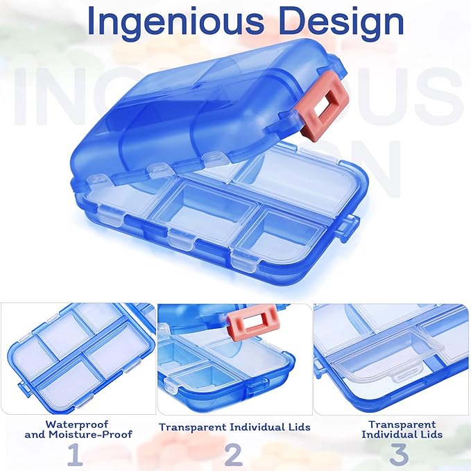 Sabary 16 Pcs Travel Pill Organizers with 10 Compartments Portable Weekly Small Pill Cases Daily Fish Oil Vitamins Medicine Box Dispensers for Pocket Purse Medicine Organizer Essentials(Stylish Color)