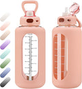 SIEROZUR 42 oz Glass Water Bottle with Straw and Handle Half Gallon Large Water Bottle with Silicone Sleeve and Time Marker Sports Water Jug Wide Mouth for Travel Gym
