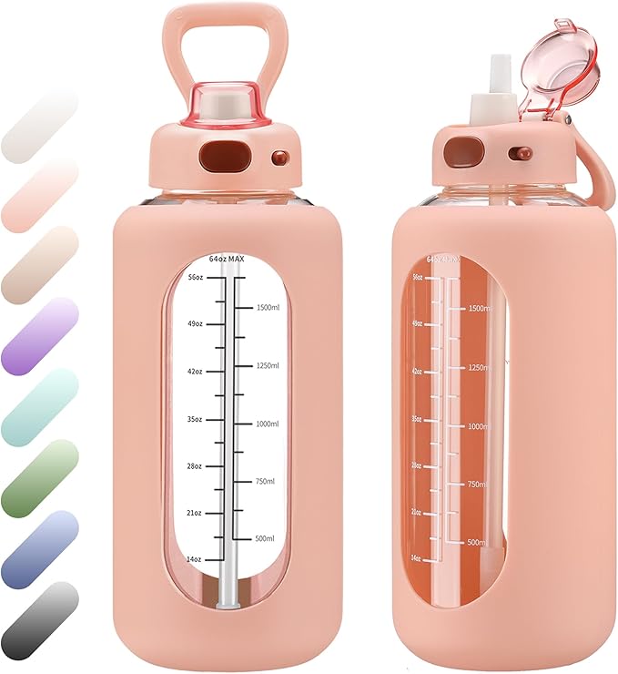 SIEROZUR 42 oz Glass Water Bottle with Straw and Handle Half Gallon Large Water Bottle with Silicone Sleeve and Time Marker Sports Water Jug Wide Mouth for Travel Gym
