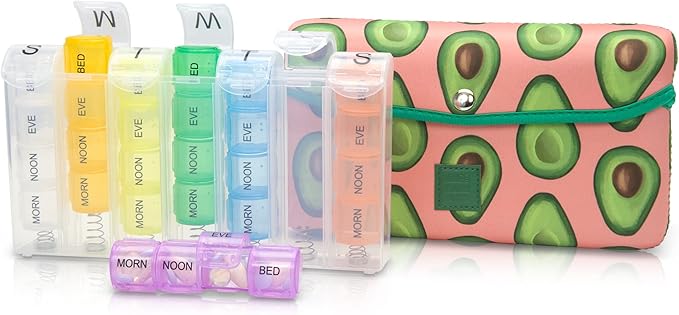 Made Easy Kit Pill Case Large 7-Day / 28 Compartments in Neoprene Carrier with Storage Pill Box in Daily in Morn, NOON, EVE, Bed a Weekly Vitamin, Medicine, Capsule Organization (Green Pink Avocado)