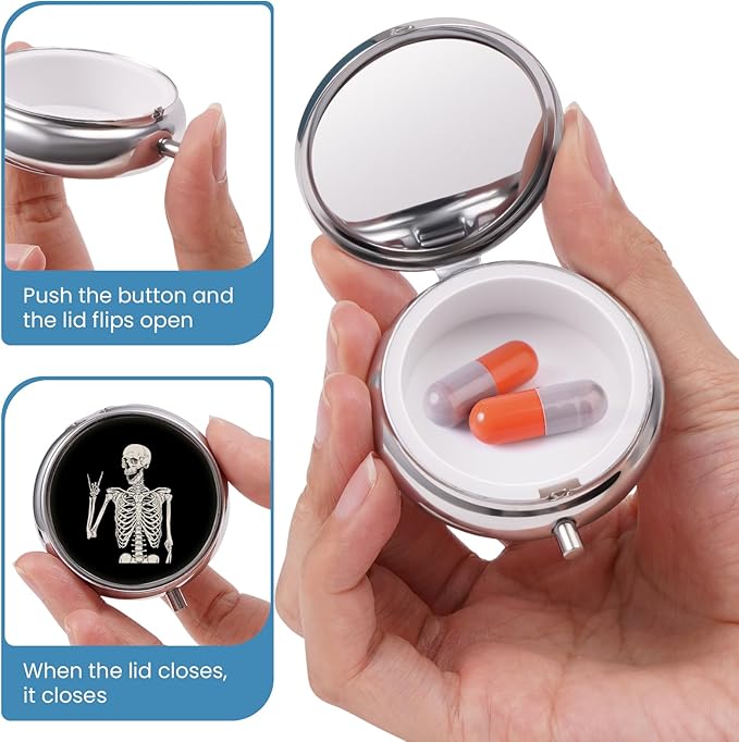 Mini Pill Box, Small Pill Box, Portable Pill Box, Cute Pill Organizer for Vitamins, Medications, Fish Oil and Supplements (Skull)