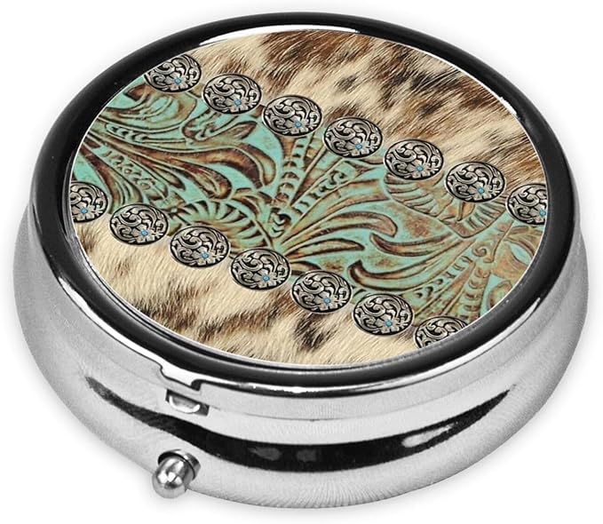 Small Pocket Pill Case, Daily Single Pill Box Organizer Portable for Purse Travel, One Day Mini Pill Container for Pills Vitamin Fish Oil Supplements (Rustic Brown Teal Western Country Tooled Leather)