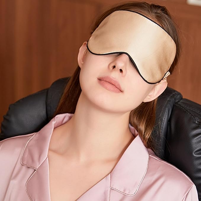 100% Mulberry Silk Sleep Mask for Women/Men Airplane Travel, Pure 22 Momme Silk Eye Mask Blackout for Sleeping, Ajustable, Luxury, Anti Wrinkle, Anti Aging Silk Blindfold, Made in USA (Champagne)