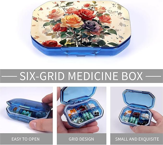 This Portable Watercolor Rose Pattern 6-Compartment Pillbox Can Be Placed in A Pocket Or Wallet to Store Vitamins, Medicines Fish Oil Health Supplements Other Medications.
