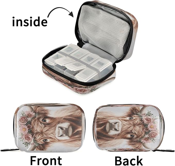 Cute Highland Cow with Flowers Pill Organizer Portable Travel Pill Case Weekly Pill Box for Medicine Vitamin Supplement