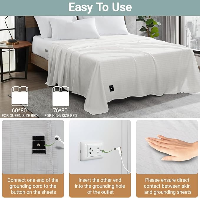 Grounding Sheets King,Grounding Bed Sheet 10% Silver Fiber,Grounding Flat Sheet 76 * 80 in,Grounding Sheet with Grounding Wire (White,King)