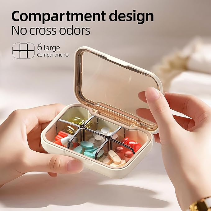 Portable Pill Box, Pill Organizer with 6 Compartments, Daily Medicine Pill Case, Pocket Size Pill Box for Travel, BPA Free Small Pill Container for Vitamins, Fish Oil, Supplements (White)