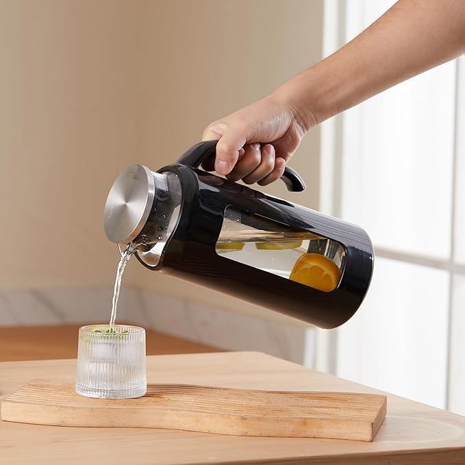 Delove Glass Pitcher with Lid & Shatterproof Shell – Heat-Resistant Borosilicate Glass Jug, 2 L/68 oz with Handle & Spout – Perfect for Iced Tea, Juice, Hot & Cold Water (Black)