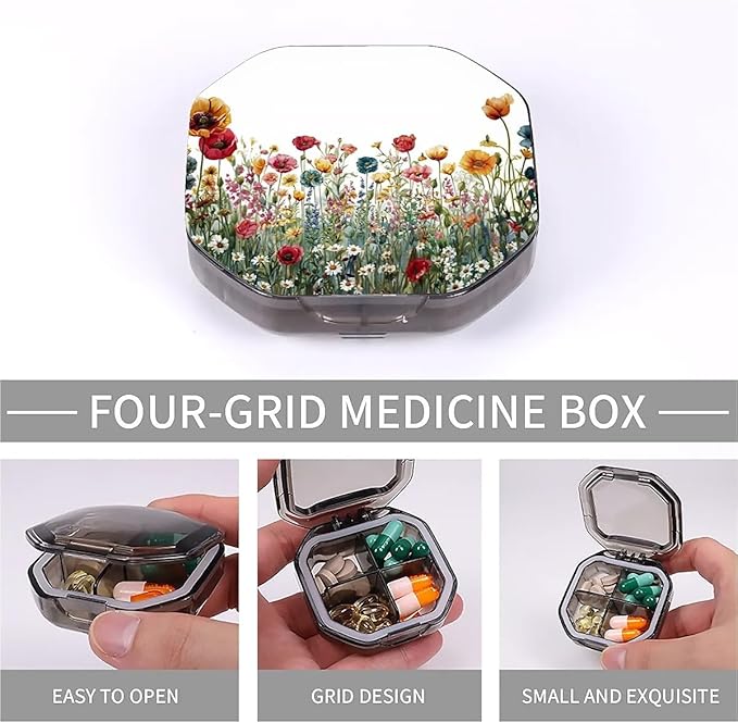 This Portable Watercolor Wildflower Pattern 4-Compartment Pillbox Can Be Placed in A Pocket Or Wallet to Store Vitamins, Medicines Fish Oil Health Supplements Other Medications.