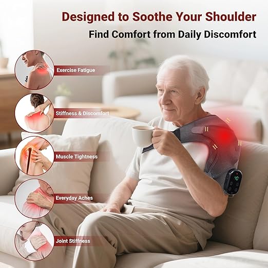 Cordless Shoulder Heating Pad with Massage, Red Light Massager for Soothe Discomfort, Heated Support Wrap for Muscle Comfort, Men & Women. (Grey)